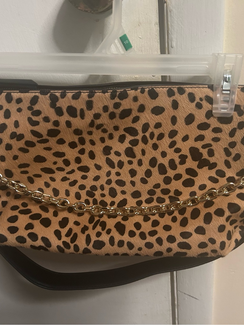 Leopard Print Shoulder Bag with removable Gold Chain or Strap Accent - Tan/Black